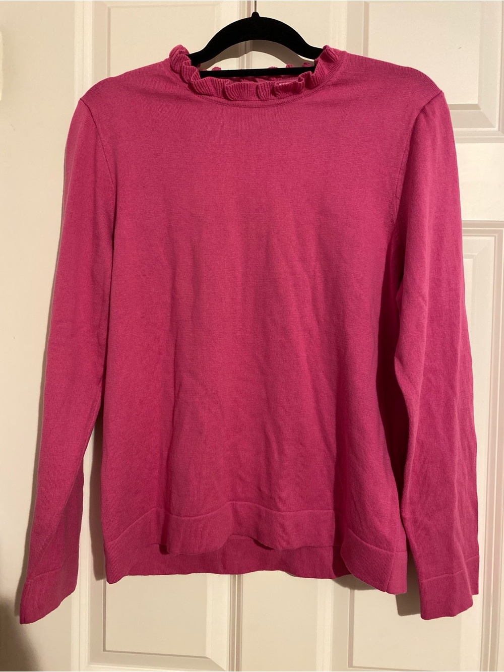 J. Crew pink knit pullover sweater with ruffle collar, size large